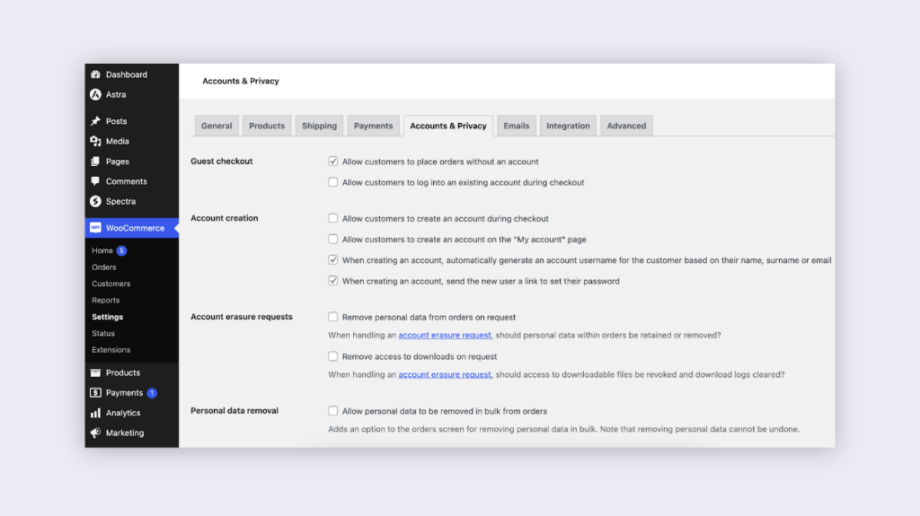 Pestaña de configuración de cuenta y privacidad de WooCommerce