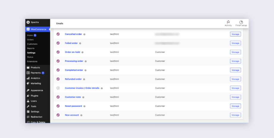 Pestaña de configuración de correo electrónico de WooCommerce