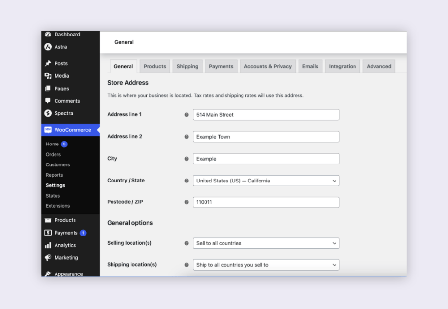 Configuración general de WooCommerce para configurar la ubicación y dirección de la tienda